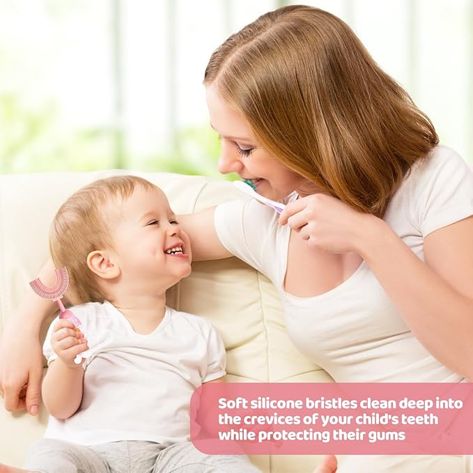 Toddler U-Shaped Toothbrush for 2-6 Years, Training Toothbrush, Kids Toothbrush, Food Grade Soft Silicone Brush Head, 360° Oral Teeth Cleaning Design for Kids, U-Shape Toothbrush for Kids (Pink