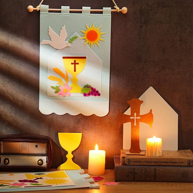 12 Set First Communion Banner Craft Kit Felt Holy 1st Communion Banner Church and Sunday School Crafts for Kids DIY Craft Supplies Decor, 9 x 12 Inches(Vibrant Color)