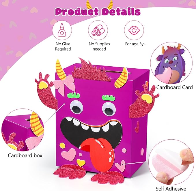 Pasimy DIY Valentines Monster Mailbox with 30 Greeting Cards, Monster Mailbox for Valentine's Day Exchange Gifts Party Favor Sets