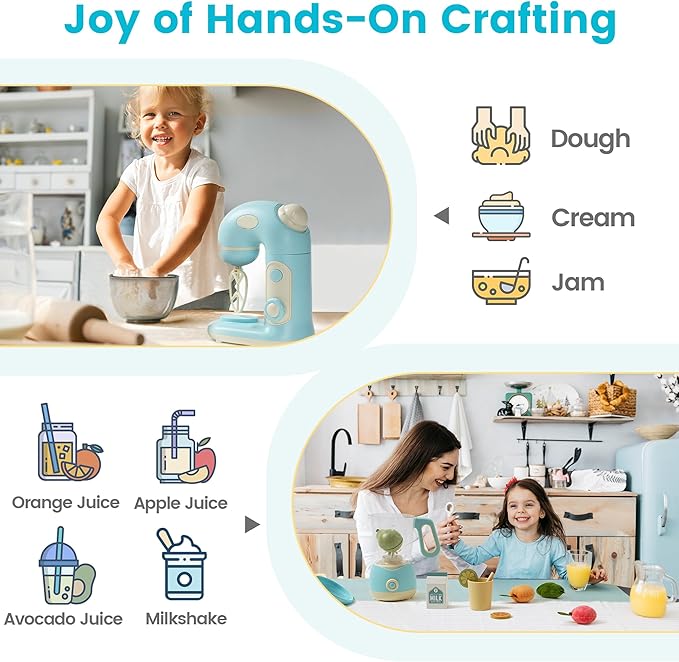 ROBOTIME Pretend Play Kitchen Appliances Toy Set, Toy Blender and Toy Mixer with Realistic Light and Sounds, Play Kitchen Accessories Set for Kids Ages 3+, Pretend Kitchen Toys for Boys and Girls