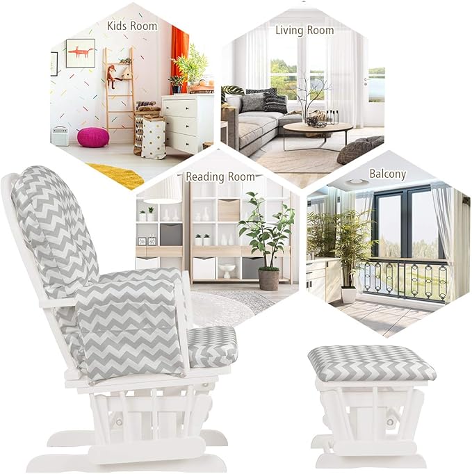 Costzon Nursery Glider with Ottoman, Upholstered Comfort Glider Rocker with Padded Cushion, Storage Pocket, Solid Wood Base, Rocking Chair Nursery for Breastfeeding, Maternity, Napping (Gray & White)