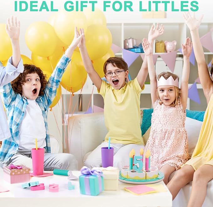 Birthday Cake Cutting Toys, Wooden Play Food Set for Kids Toddlers, Pretend Play Kitchen Toys for Boys Girls