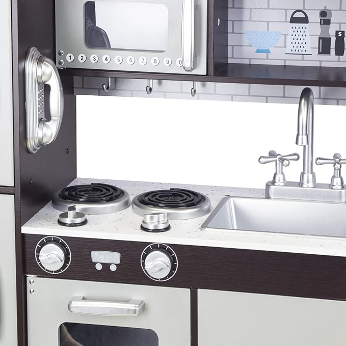 Kitchen Playset for Kids Ages 3-8, Wooden Pretend Play Kitchen with Realistic Sounds, Including Telephone, Ice Maker, Refrigerator, Dimensions: 35” H x 31” W x 12” D (Black)