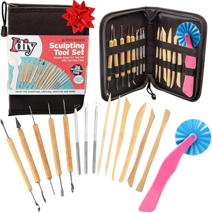 Pottery Tool Starter Kit- 15-Piece 26-Tool Beginner's Clay Ceramics Modeling Carving Sculpting Set- Arts & Crafts School Project, w Carrying Case, Birthday Gift for Kids, Gift Set for Artists