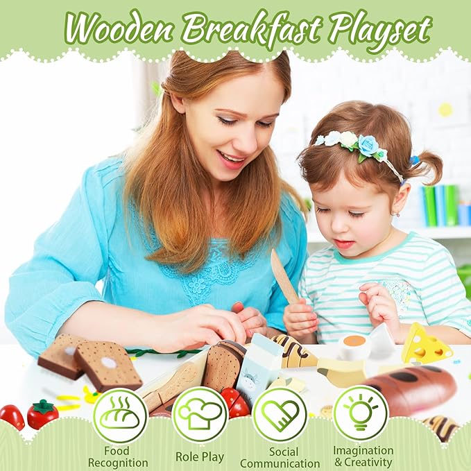 Wooden Bakery Toy Food Breakfast Set for Kids,Pretend Play Food Kitchen Accessories with Crates,Fake PlaySets Montessori Toys,Toddlers Cutting Food Gift for Boys and Girls Ages 2+