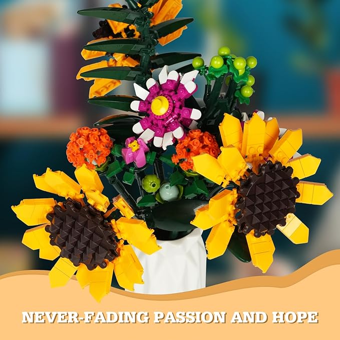 Flower Bouquet Building Set, Sunflower Botanical Collection Blocks Kit Compatible with Lego for Adults Women and Teens Girls 8+ Valentines Day Artificial Flower Decor (1161PCS)