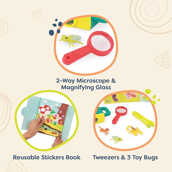 B. toys – 9pc Toy Microscope Set – Sticker Book – Magnifying Glass & Tweezers – 3 Toy Bugs – 4 Years + – Little Explorer Pack