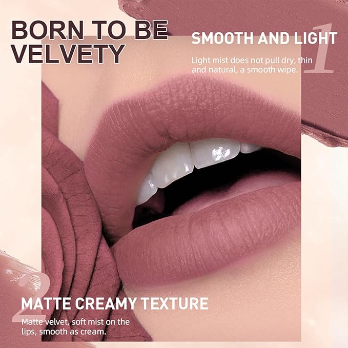QiBest Nude Rose Pink Matte Lipstick with Lip Liner Makeup Set for Women, Cream Lip Stick and LipLiner Pencil 24 Hours Original Waterproof Labials, Velvety & Non-Drying Formula