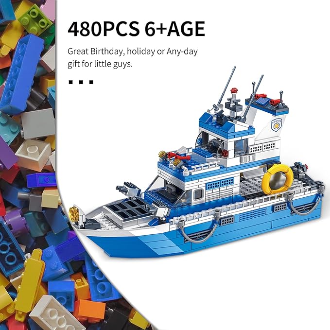 City Boat STEM Building Blocks Sets, Compatible with Lego City Police Boat and Ship Playsets, Rescue Boats That Float Toy Building Kit for Boys 6 7 8 9 10 11 12ļ¼480 Pcsļ¼