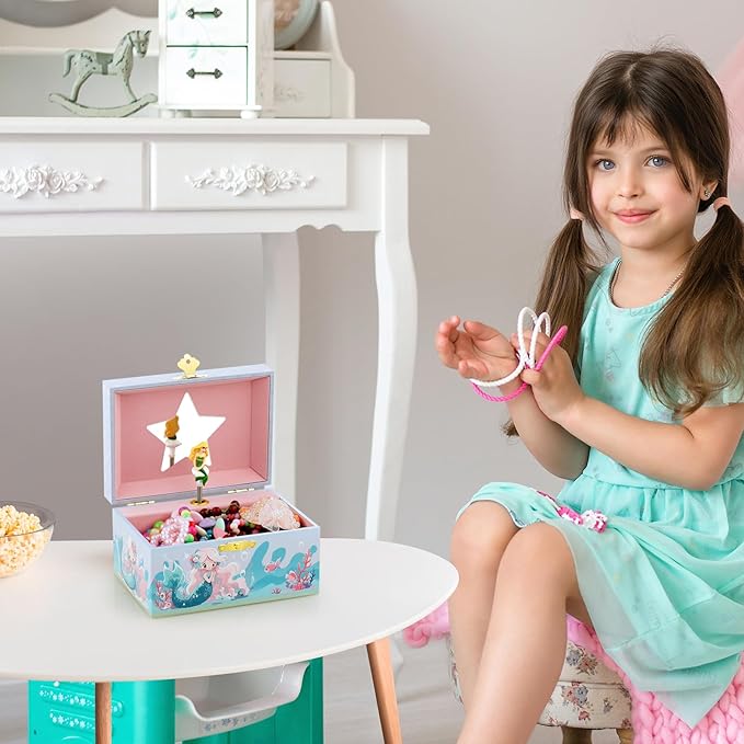 RR ROUND RICH DESIGN Kids Musical Jewelry Box for Girls Include Pretty Jewelry Set with Cute Mermaid Theme - Beautiful Dream Tune Blue