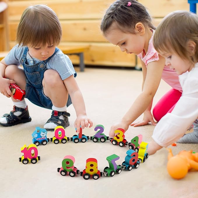 Wondertoys 12 PCS Wooden Train Set Toy Wooden Magnetic Number Train Set Includes 1 Engine Cars for Toddlers Boys and Girls, Compatible with Major Brands Train Set Tracks