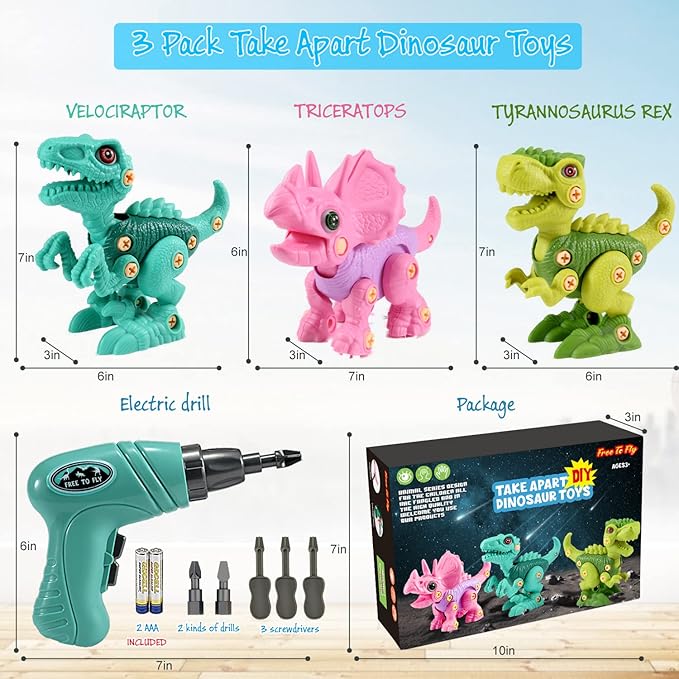 FREE TO FLY Dinosaur Toys for 3 4 5 6 7 8 Year Old Girls Boys: Take Apart Dinosaur Toys for Kids 3-5 5-7 STEM Building Construction Kids Toys with Electric Drill Dino Toys Birthday Gifts