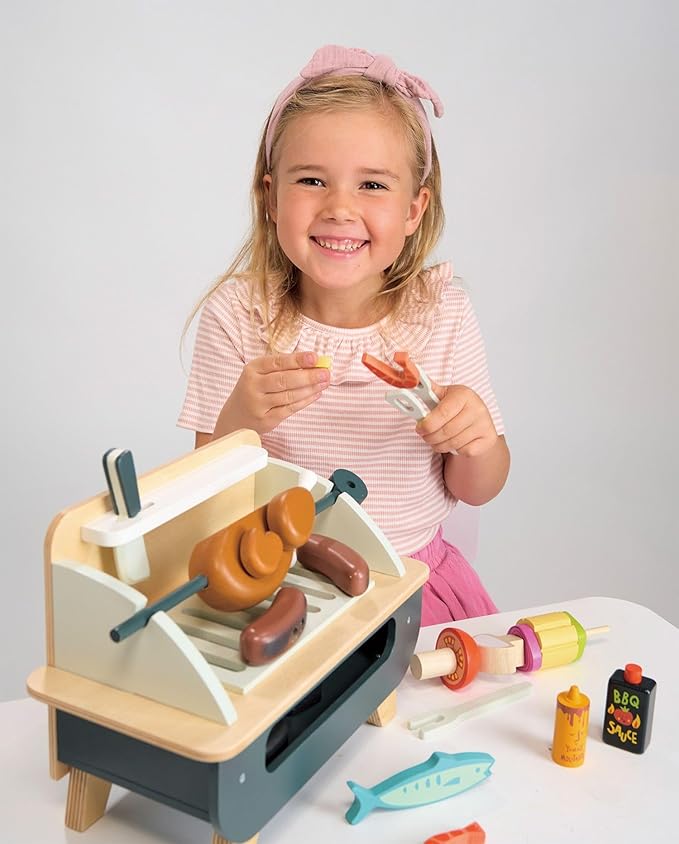 Tender Leaf Toys - Barbeque Play Set - 27 Piece Wooden Interactive Barbeque Grill Set with Pretend Play Food and Utensils for Boys and Girls - Great Role-Play Toy - Boost Fine Motor Skills - Age 3+