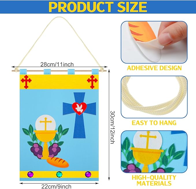 12 Set First Communion Banner Craft Kit Felt Holy 1st Communion Banner Church and Sunday School Crafts for Kids DIY Craft Supplies Decor, 9 x 12 Inches(Classic Style)