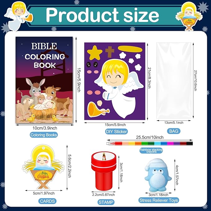 Zhanmai 108 Pcs Christmas Party Favors Bible Coloring Book with Stacking Crayons for Kids Squishes Christmas Toys DIY Sticker Stampers Goodie Bag Fillers Supplies School Educational Reward Prizes