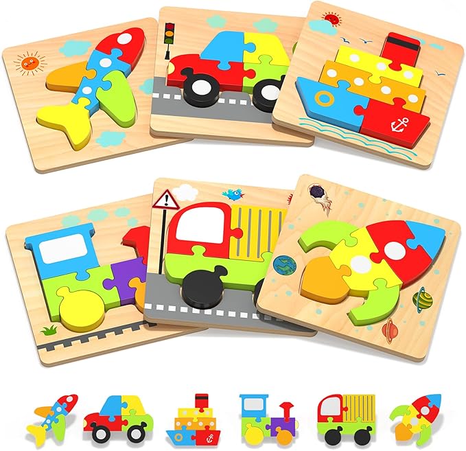 Yetonamr Wooden Toddler Puzzles Gifts Toys for 1 2 3 Years Old Boys Girls, 6 Vehicle Shape Montessori Toys Educational Blocks Easter Basket Stuffers Kids Gift Baby Learning Toy Age 1-3, 2-4