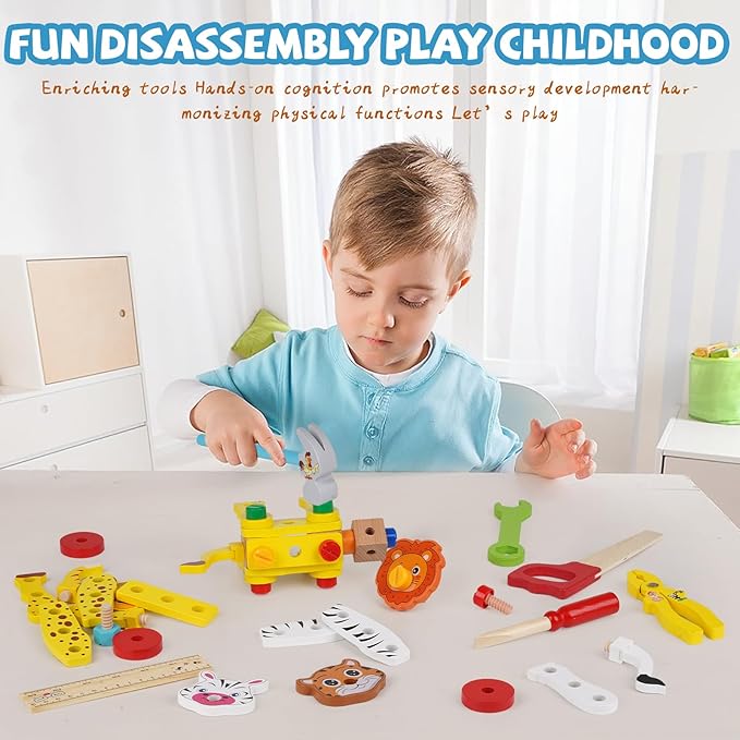 Wooden Kids Tool Set, Toddler Tool Kit with Wooden Toolbox,Construction Set for Kids,Educational DIY Construction STEM Toy, Animal Building Blocks Assembly, Preschool Learning Gift for Boys and Girls
