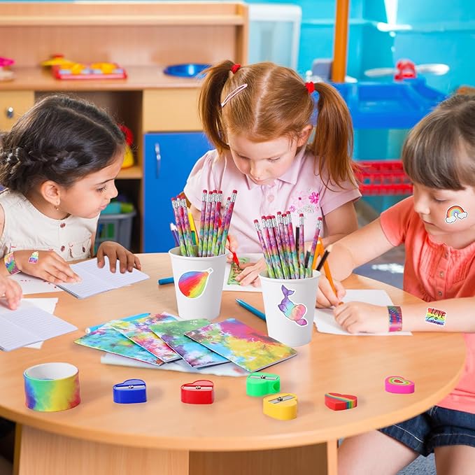 Noveread 251 Pcs Party Favors Set Includes Drink Gift Cup Mini Notebooks Pencils Heart Eraser Pencil Sharpener Slap Bracelets Ruler Tattoo Stickers Cards Keychain School Stationery Set (Tie Dye)