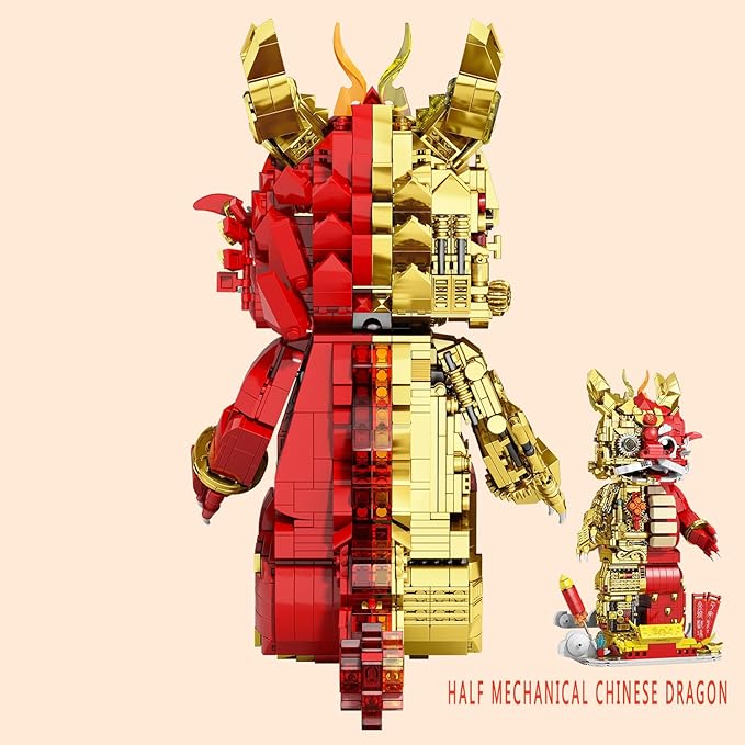 Suitable for Ages 15+ Small Particles (1962 Pieces) Semi Mechanical Chinese Loong Building Block Toys Compatible with Lego Comes with a Transparent Display Box and Building Block Tool Set