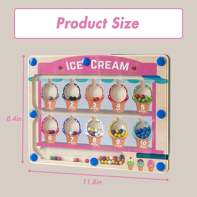 Montessori Toys for 3+ Year Old, Ice Cream Magnetic Color and Number Maze, Wooden Puzzle Activity Board, Learning Educational Toy for Toddler 3 4 5, Toys Idea Christmas Boy Girl