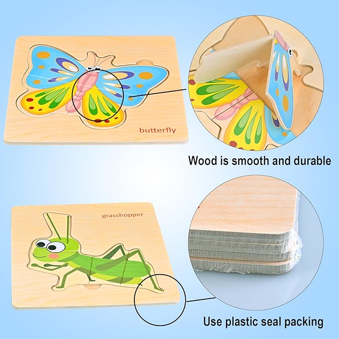 Wooden Puzzles for Toddlers 1-3, 8pcs Shapes, Insect Animal Themed Montessori Toys for 1 Year Old Learning, Educational Preschool Toys for Boys Girls