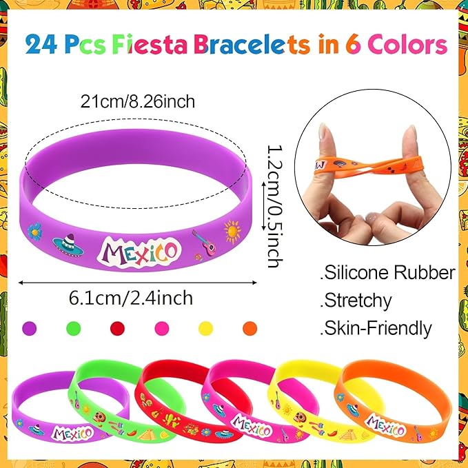 Xinnun 24 Pcs Mexican Fiesta Rubber Bracelets Fiesta Party Silicone Wristbands Mexican Party Favors with Taco Cactus Piñata Pattern for Let's Fiesta Cinco De Mayo Party(Mexico)