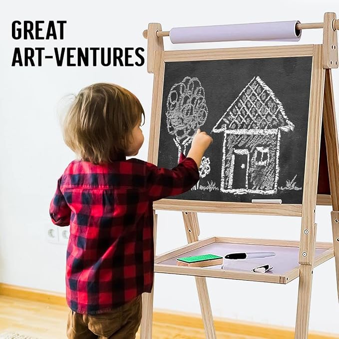 Kraftic Deluxe Standing Art Easel for Kids - Toddler Drawing Chalkboard, Magnetic Whiteboard, Dry Erase Board, Paper Roll and Accessories