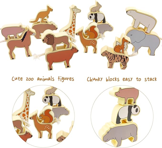 Xylolin Wooden Zoo Animal Blocks Stacking and Balancing Toy, Toddler Wood Animal Figures Blocks Imaginative Play, Preschool Educational Toys and Stack Balance Games for Kids