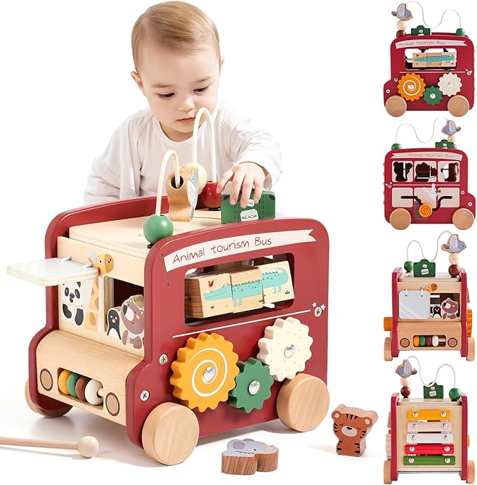 Wooden Activity Cube 8-in-1 Montessori Toys | Multifunctional Early Educational Learning Toys | Activity Cube for Baby Shape Sorter Xylophone Animal Travel Bus Toys Boy Girl Birthday Gift(Red Bus)