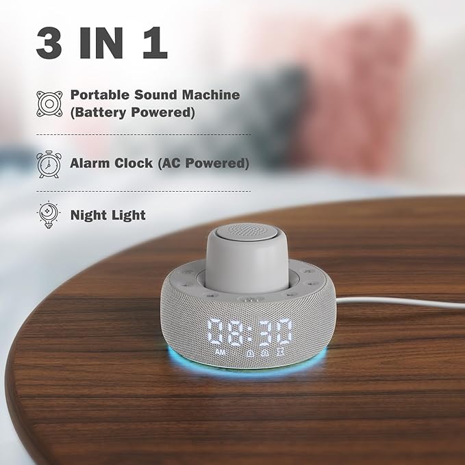 White Noise Machine with Smart Alarm Clock, 25 Soothing Sounds, Portable Sleep Sound Machine Aid for Baby, Kids, Adults, Office, Dimmable Timer, 7 Night Light Colors for Privacy Bedroom, Gray