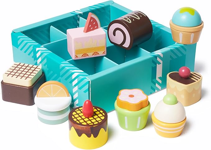 10pcs Wooden Dessert Set Toddler Pretend Play Toy Food, Sweets Playset with Muffin, Cupcake, Chocolate Cake & Roll, Kids Food Toys Play Kitchen Accessories Boys and Girls Birthday Gift