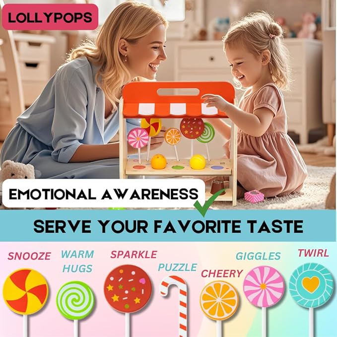 Wooden Candies and Lollypops Food Toy with Stand, Educational Toys for 2-7 Years Old Girls and Boys, Dessert Play Food Set for Toddlers, Sweets Pretend Play Kitchen, Color and Shape Recognition