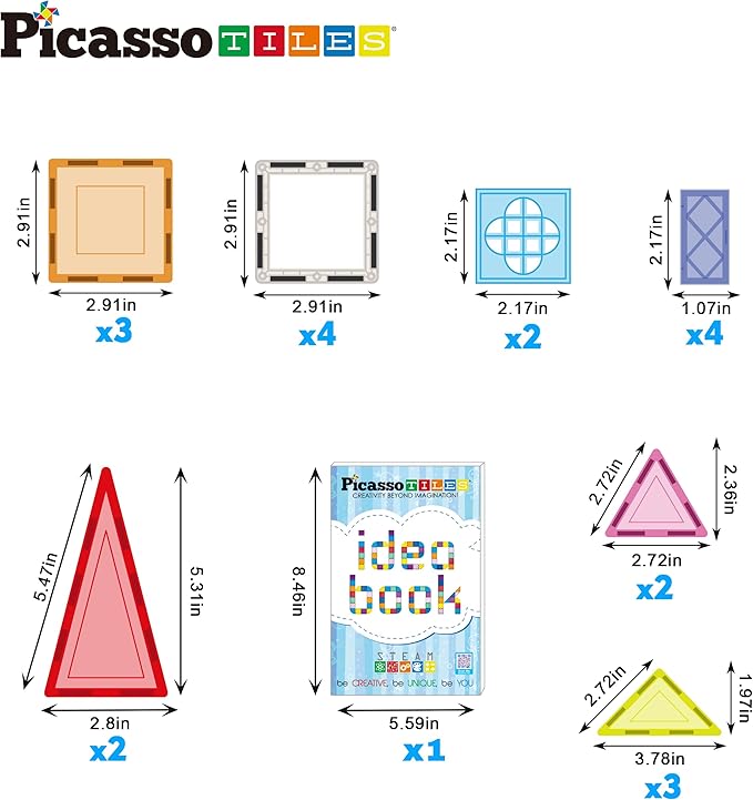PicassoTiles Magnetic Tiles Magnet Tile Building Blocks Construction Set with 110+ Page IdeaBook Included STEM Learning Toys Toddlers Educational Fun Pretend Play Kids Boys Girls Sensory Toys Ages 3+