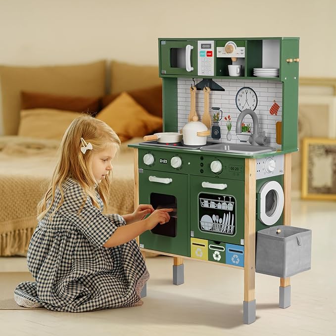 Kids Kitchen Playset for Toddlers 3-5 Years, Wooden Play Kitchen for Toddlers with Coffee Maker, Microwave, Dishwasher and Washing Machine