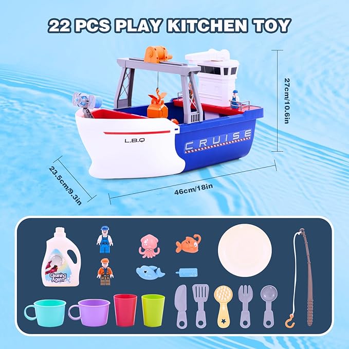 Play Sink Toy with Running Water, Kitchen Dishwasher Play Kitchen Toys with Floating Fishes & Kitchenware, Pool Fishing Toys for Water Play