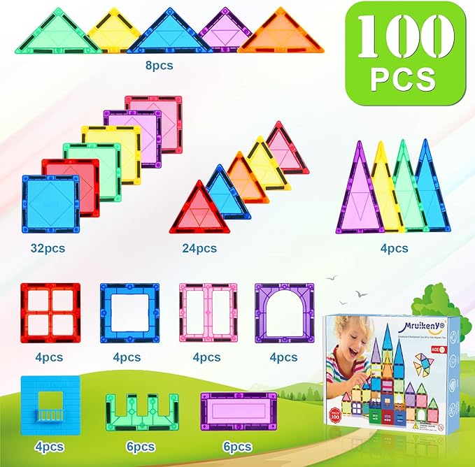 100PCS Magnetic Tiles Kids Toys - Magnetic Building Blocks STEM Magnet Building Set Preschool Learning Magnetic Toys for Kids Ages 3-5 4-8, Sensory Montessori Toys for 3+ Year Old Boys and Girls