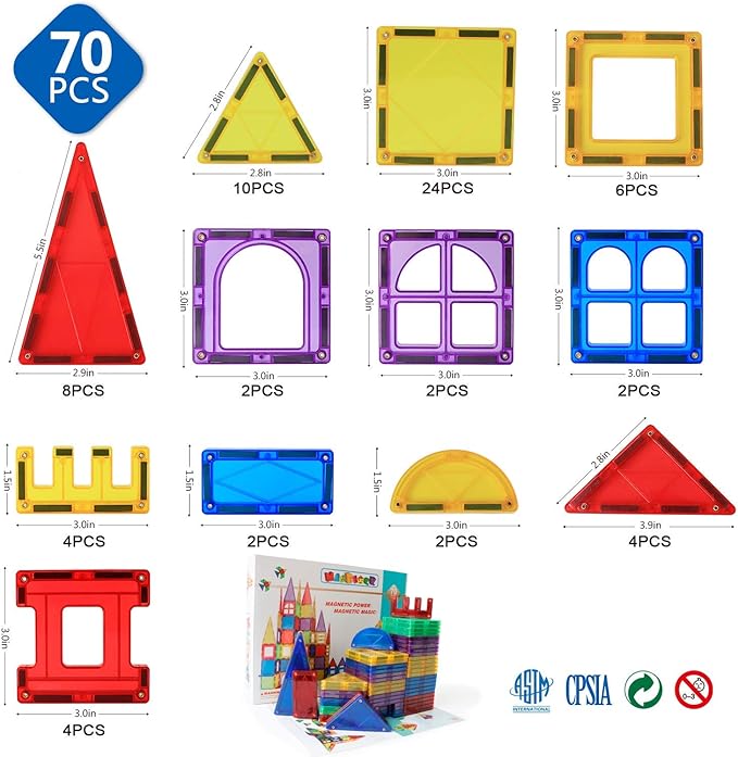 MAGBLOCK Magnetic Blocks - Magnetic Tiles Toys for Toddlers Kids Magnetic Building Blocks Preschool Magnet Set Magnetic Stem Toys 70 Pieces