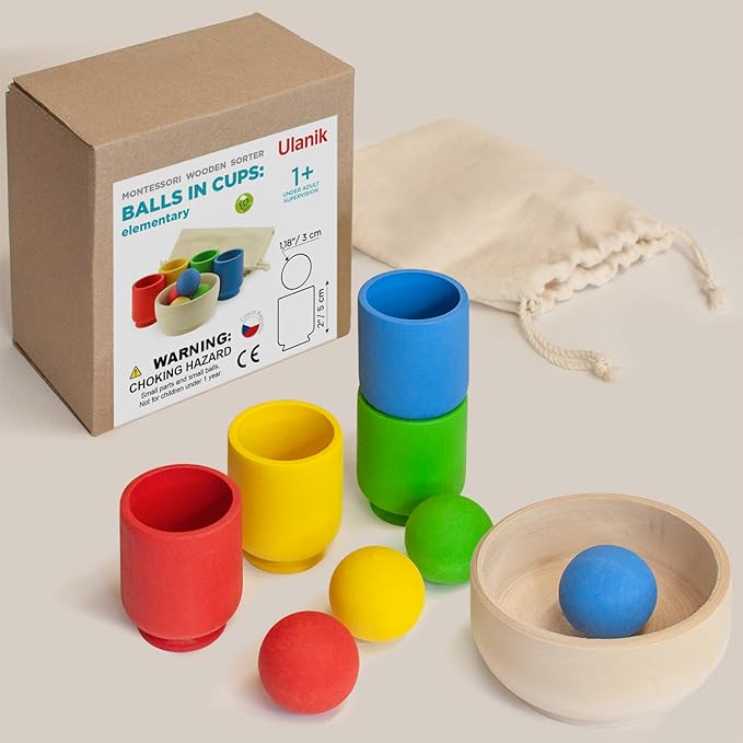 Ulanik Balls in Cups Starter Kit Toddler Montessori Toys for 1+ Year Old Kids Wooden Matching Game for Learning Color Sorting and Counting — 4 Balls, 1.18 in