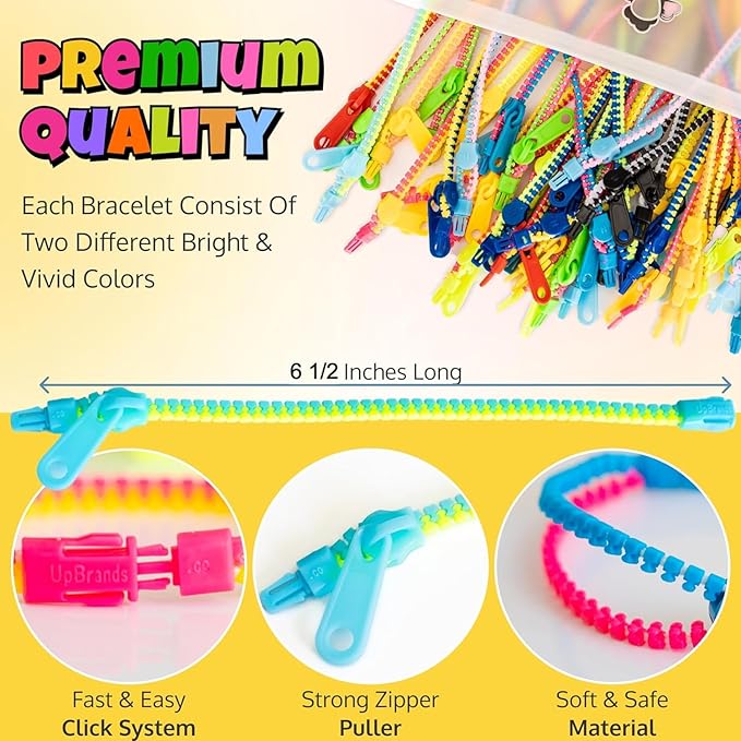 UpBrands Zipper Bracelets 6.5 Inches Sensory Toys Bulk Set, Multicolored, Kit for Birthday, Party Favors for Kids, Goodie Bags, Easter Egg & Pinata Fillers, Students Incentives (48 Pack)