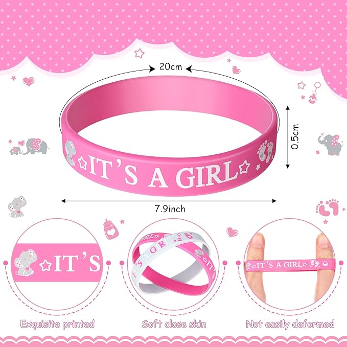 Zomiboo 36 Pieces Baby Shower Rubber Bracelets, It's a Girl Wristbands Elephant Baby Shower Decorations for Boy Girl Baby Shower Party Favor Gender Reveal Party Supplies(Girl Style)