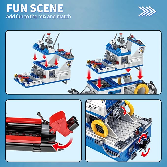 City Boat STEM Building Blocks Sets, Compatible with Lego City Police Boat and Ship Playsets, Rescue Boats That Float Toy Building Kit for Boys 6 7 8 9 10 11 12ļ¼480 Pcsļ¼