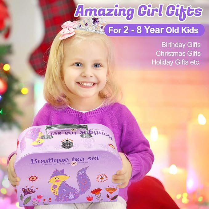 Tea Party Set for Little Girls, 49PCS Princess Tea Time Toy Including Tea Set Dessert Carrying Case, Kids Kitchen Pretend Playset, 3-8 Years Old Girls Boys Toddler Toys Birthday