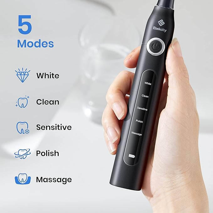 Etekcity Electric Toothbrush for Adults and Kids, 8 Soft High-Density Brush Heads, Fast Charge 2.5 Hours Last 30 Days, 2 Minutes Smart Timer, 5 Modes & Travel Case, Black