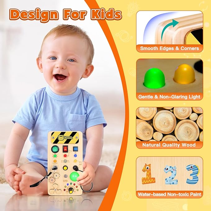 Busy Board with LED Light, Wooden Sensory Toys for Toddler, Montessori Music Toy for Airplane, Travel Activity Educational Learning Autism Toys, Birthday Boys Girls Gifts