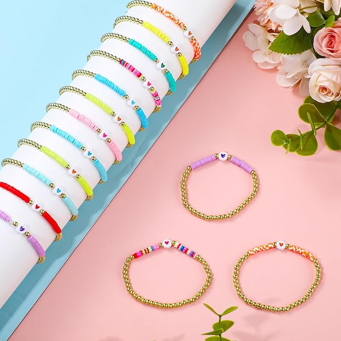 Sureio 24 Pcs Colorful Groovy Retro Friendship Bracelets Heart Hippie Surfer Friendship Bracelets Stretch Beaded Kids Bracelet for Tween Girls Women Groovy Party Favors