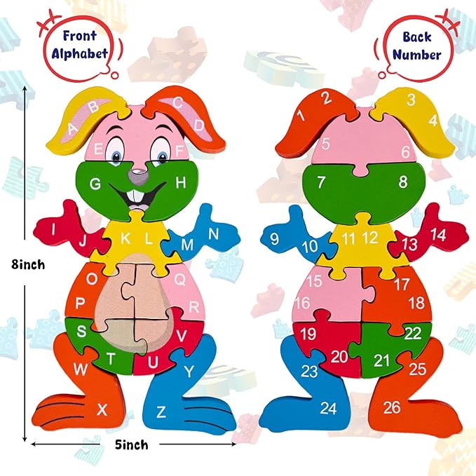 LovesTown Rabbit Wooden Puzzles, 26PCS Alphabet and Number Building Blocks Wood Jigsaw Puzzle for Kids Preschool