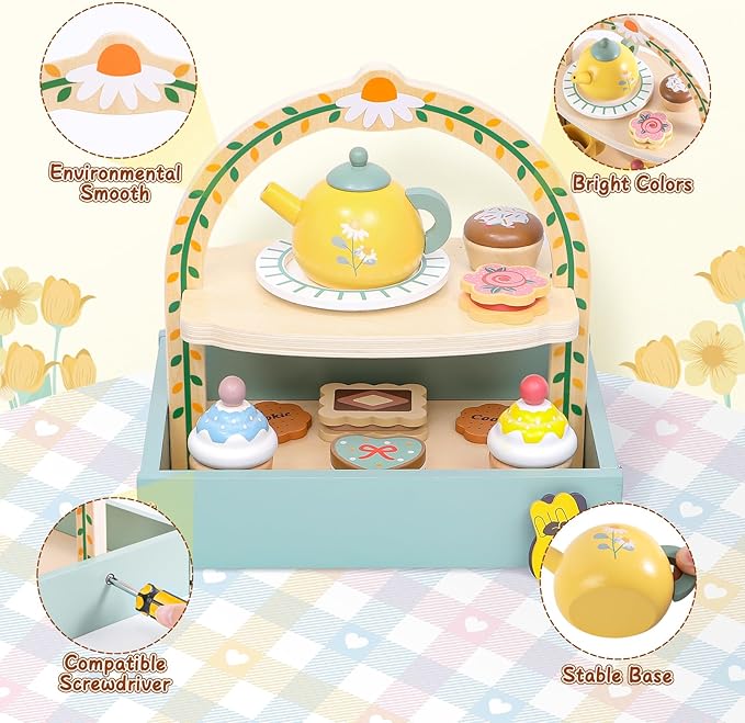 Toyssa Wooden Tea Party Set for Little Girls Toys Toddler Tea Set with Storage Cupcake Stand & Play Kitchen Accessories, Wooden Toys for Toddlers 2 3 4 5 6 Years Old, Birthday Kids Girls Gifts 1-3
