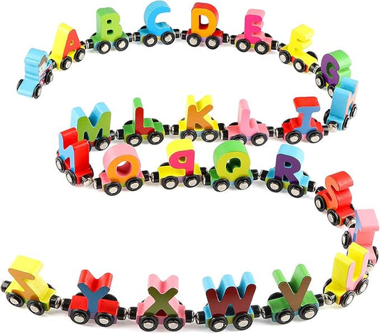 Wondertoys 27 PCS Wooden Alphabet Train Toy Wooden Magnetic Alphabet ABC Train Set Includes 1 Engine Letter Cars for Toddlers Boys and Girls, Compatible with Major Brands Train Set Tracks