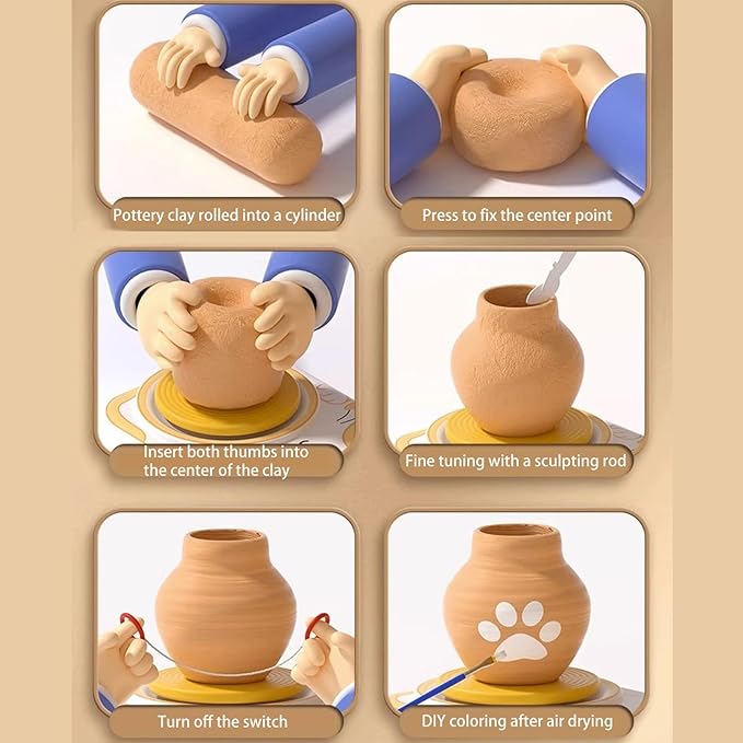 Mini Kids Pottery Wheel-DIY Kits Clay Maker for Beginners with 6 Packs Modeling Clays, Clay Sculpting Tools & Painting Kit for Pottery, Tiny Pottery Wheel for Kids Age 8-12, 10-13