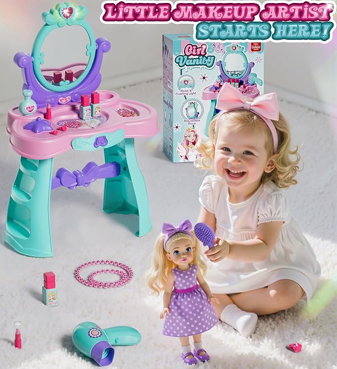 Lehoo Castle Kids Vanity Table and Chair Set with Mirror Light Music, Toddler Girls Makeup Table with Stool & Hair Dryer, Pretend Play Princess Dress Up Vanity Set, Birthday Gifts for 3 Year Old Girl